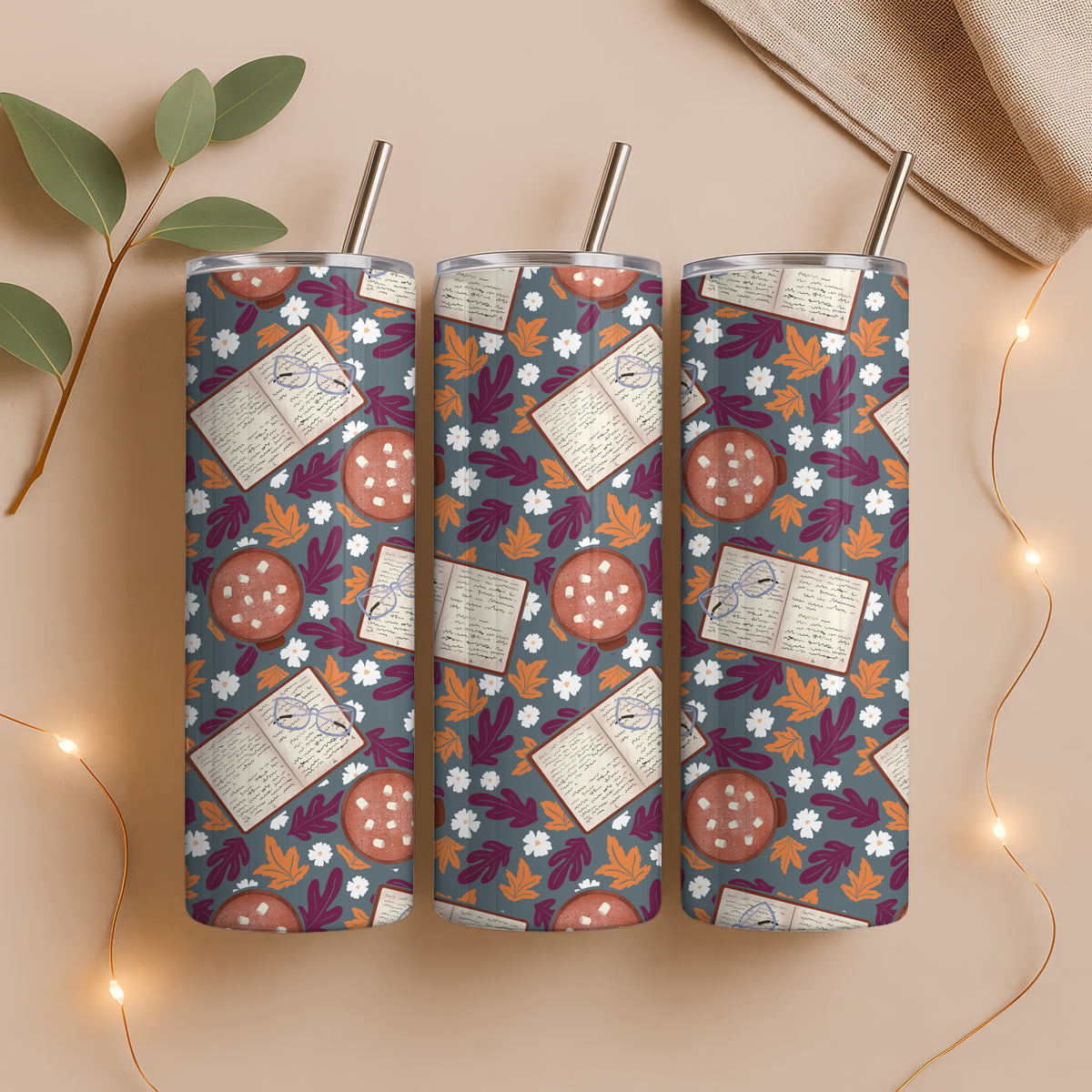 Cozy Fall 20 oz Tumbler Wrap Dark β Books, Hot Cocoa & Fall Florals PNG | Digital 9.25β x 8.20β