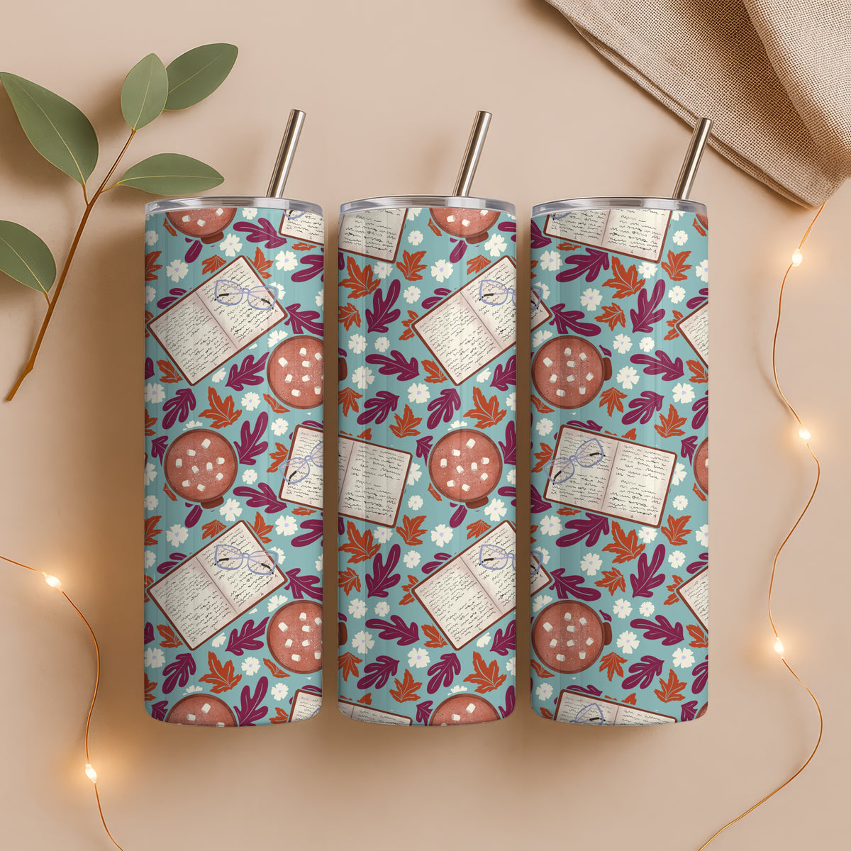 Cozy Fall 20 oz Tumbler Wrap Blue β Books, Hot Cocoa & Fall Florals PNG | Digital 9.25β x 8.20β