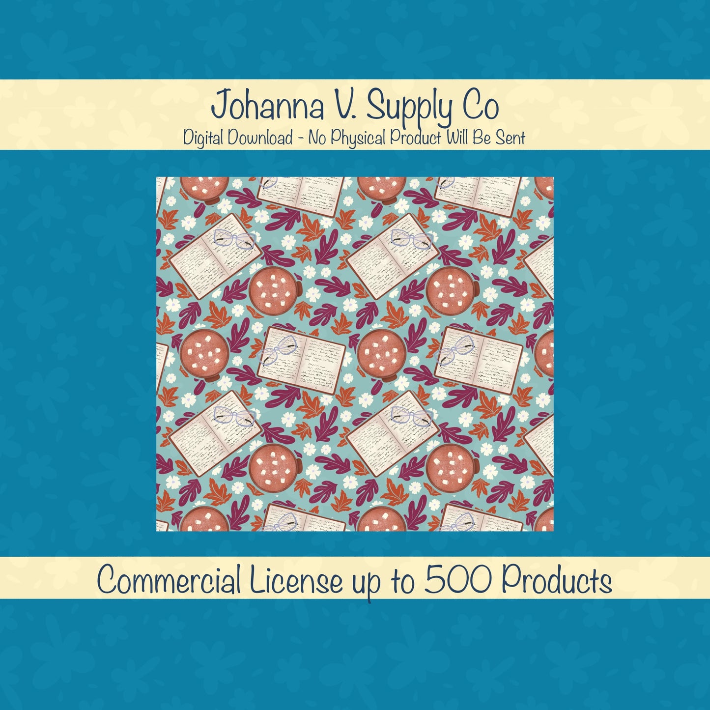 Cozy Fall 20 oz Tumbler Wrap Blue β Books, Hot Cocoa & Fall Florals PNG | Digital 9.25β x 8.20β