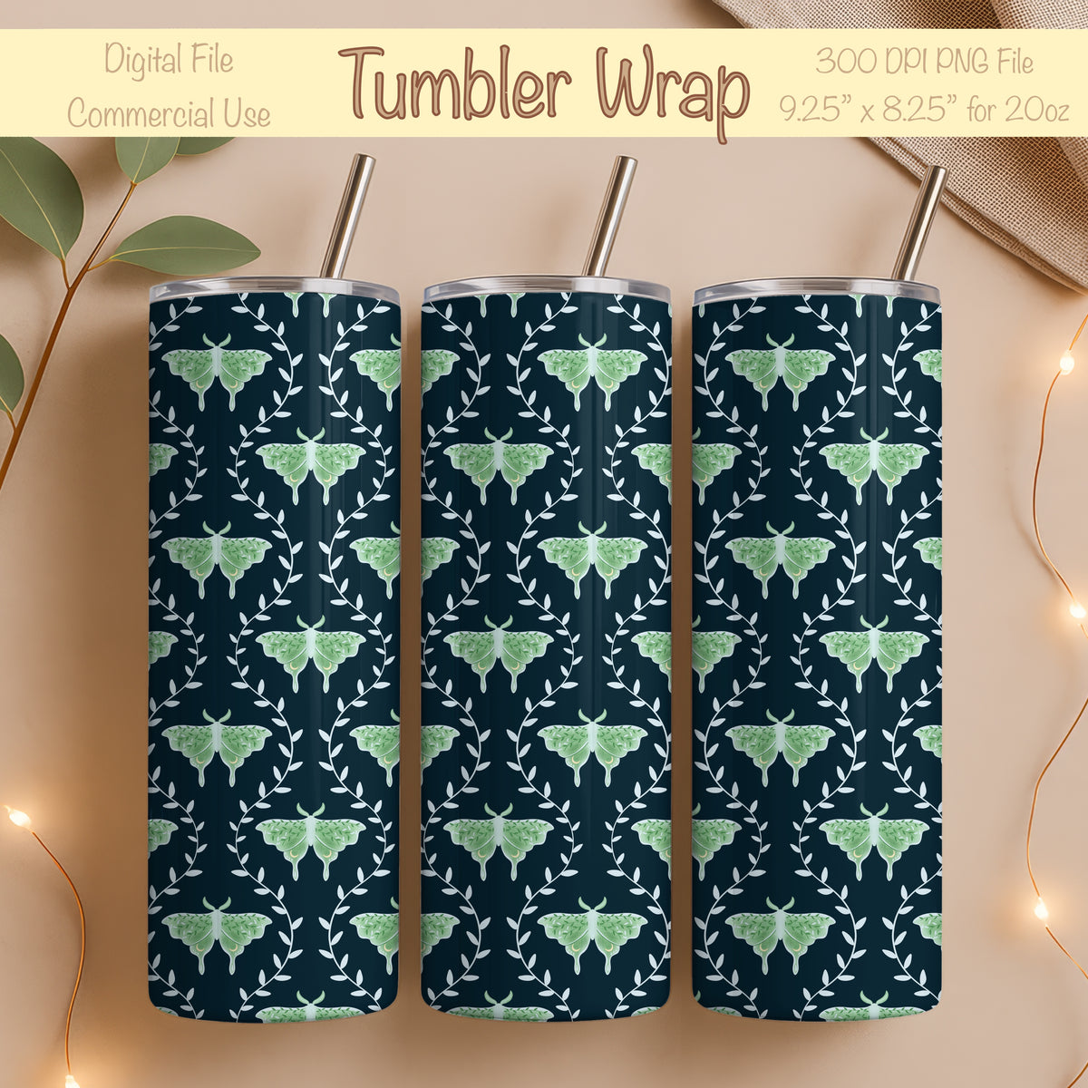 Dreamy Moths Tumbler Wrap Dark β Digital 9.25β x 8.20β PNG File