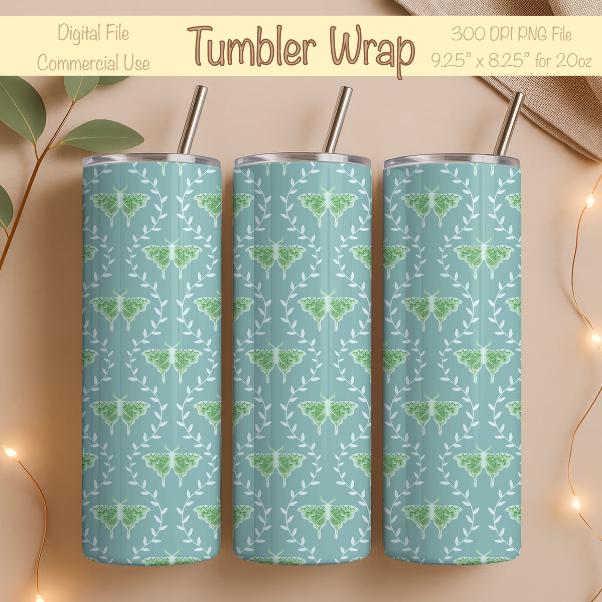 Dreamy Moths Tumbler Wrap Green β Digital 9.25β x 8.20β PNG File