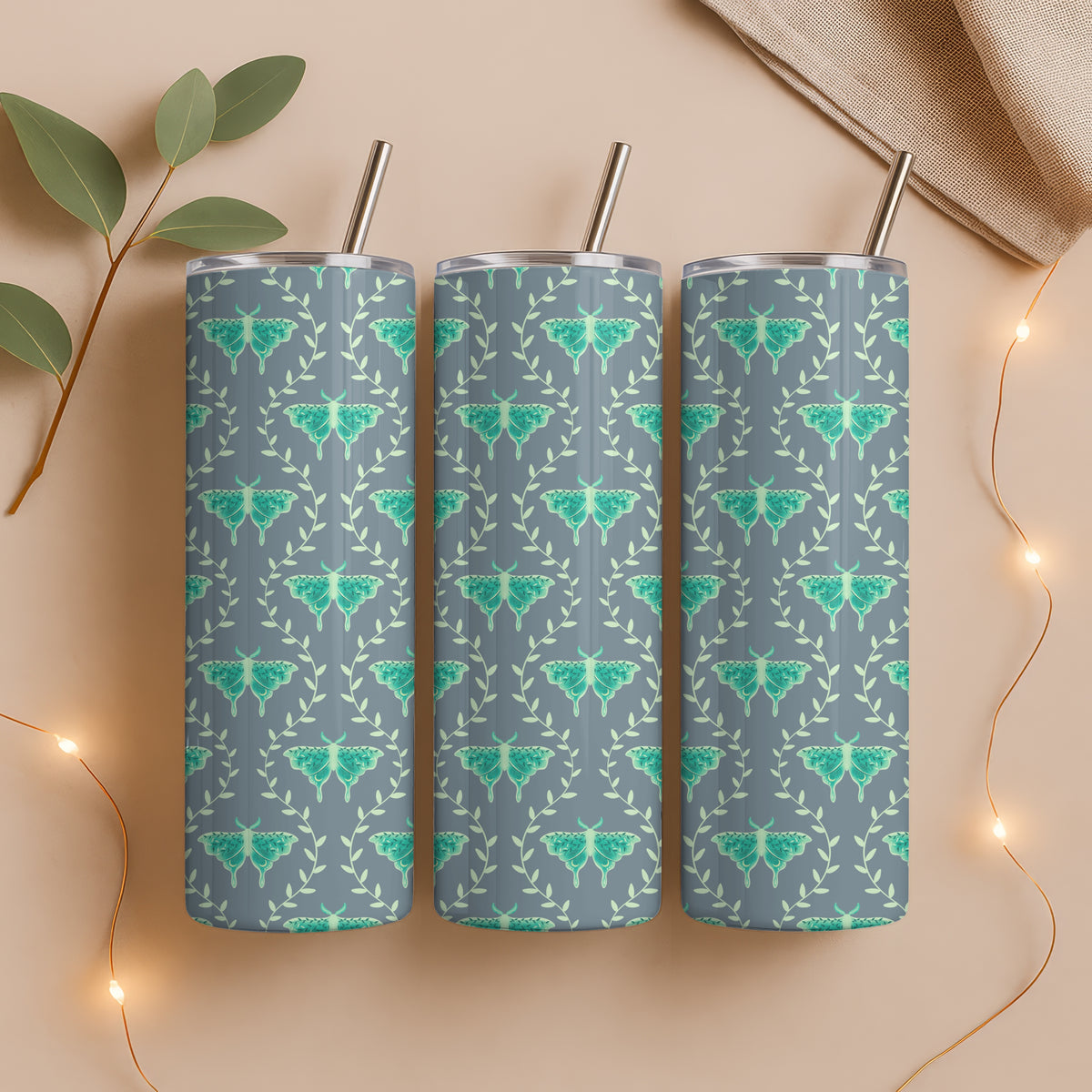 Dreamy Moths Tumbler Wrap Grey β Digital 9.25β x 8.20β PNG File