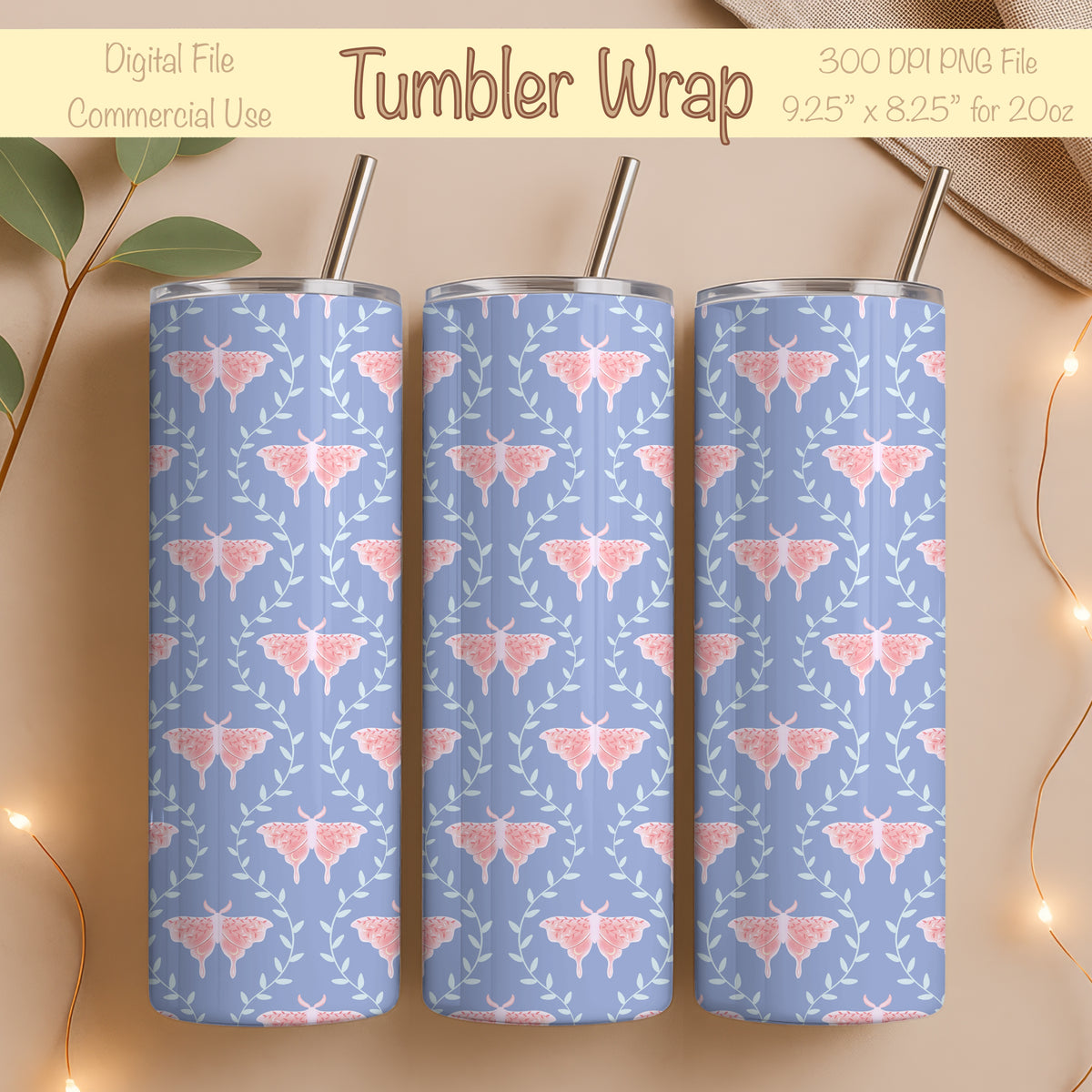 Dreamy Moths Tumbler Wrap Purple β Digital 9.25β x 8.20β PNG File