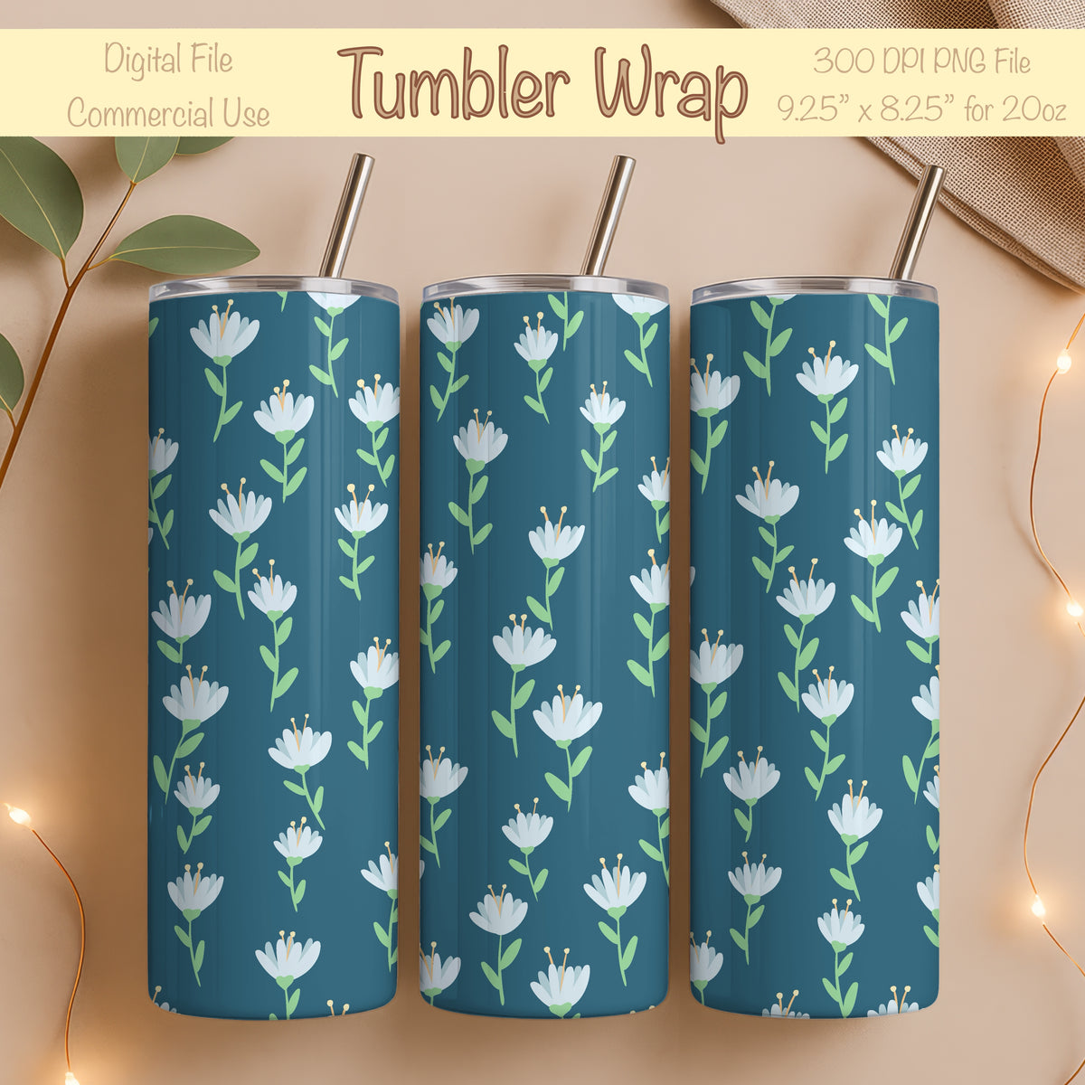 Whimsy Blooms Tumbler Wrap Blue β Digital Floral 9.25β x 8.20β PNG File