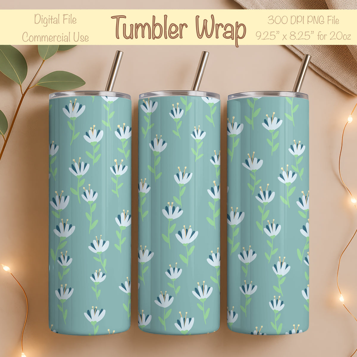 Whimsy Blooms Tumbler Wrap Green β Digital Floral 9.25β x 8.20β PNG File