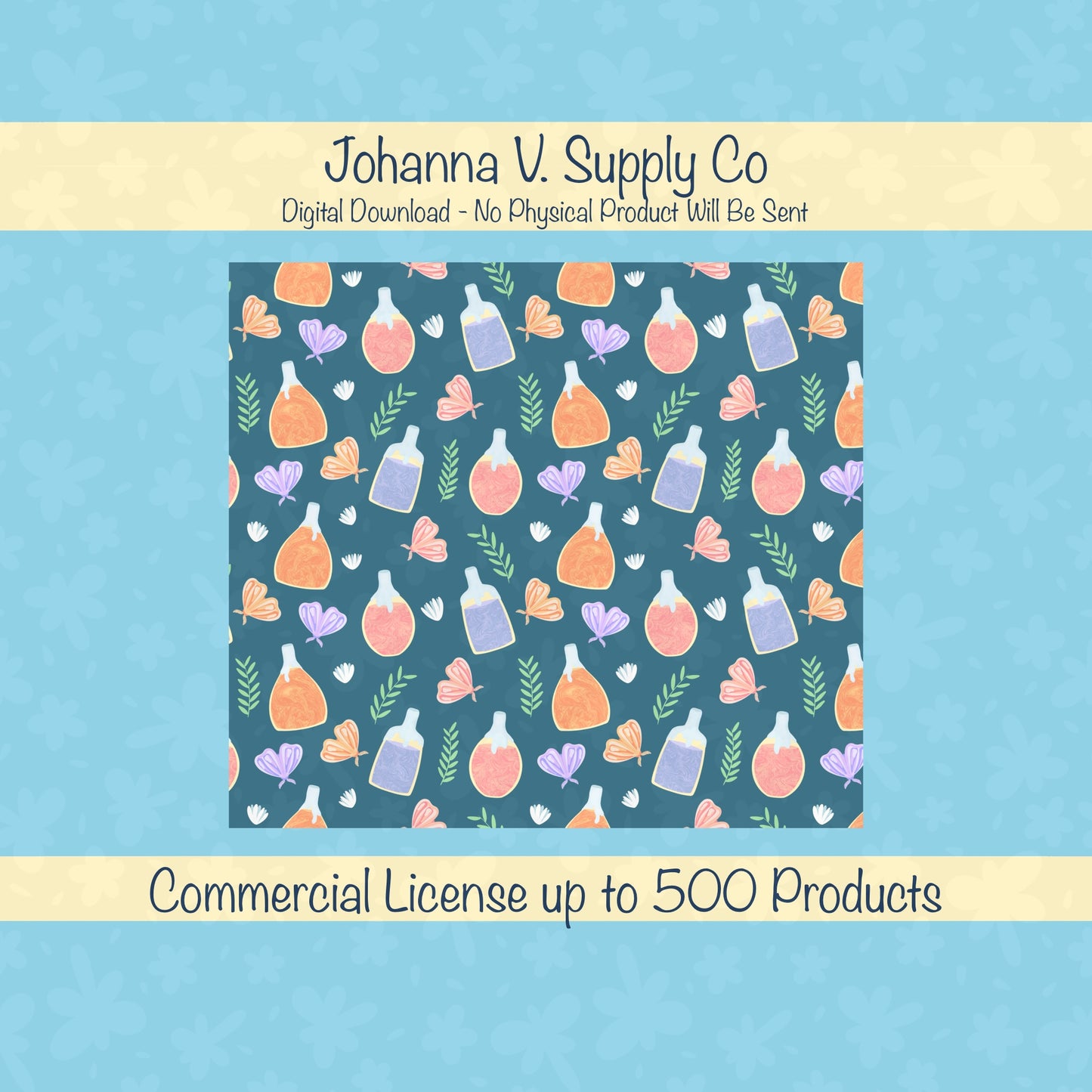 Enchanted Potions & Moths Tumbler Wrap Blue β Whimsical Flowers Digital PNG 9.25β x 8.20β