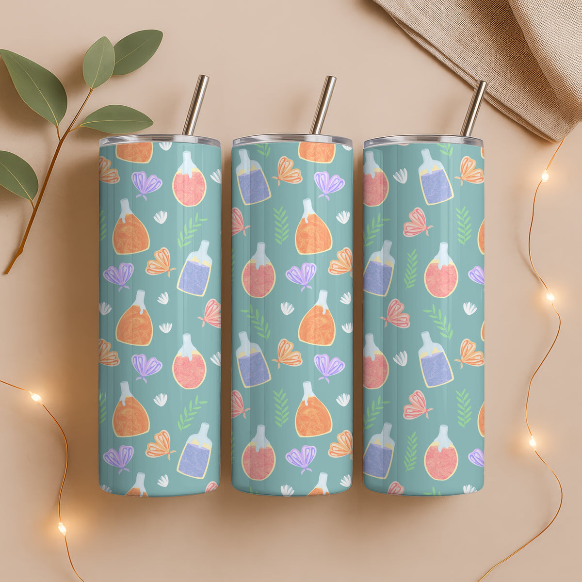 Enchanted Potions & Moths Tumbler Wrap Green β Whimsical Flowers Digital PNG 9.25β x 8.20β