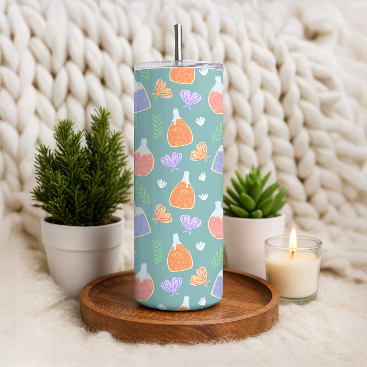 Enchanted Potions & Moths Tumbler Wrap Green β Whimsical Flowers Digital PNG 9.25β x 8.20β