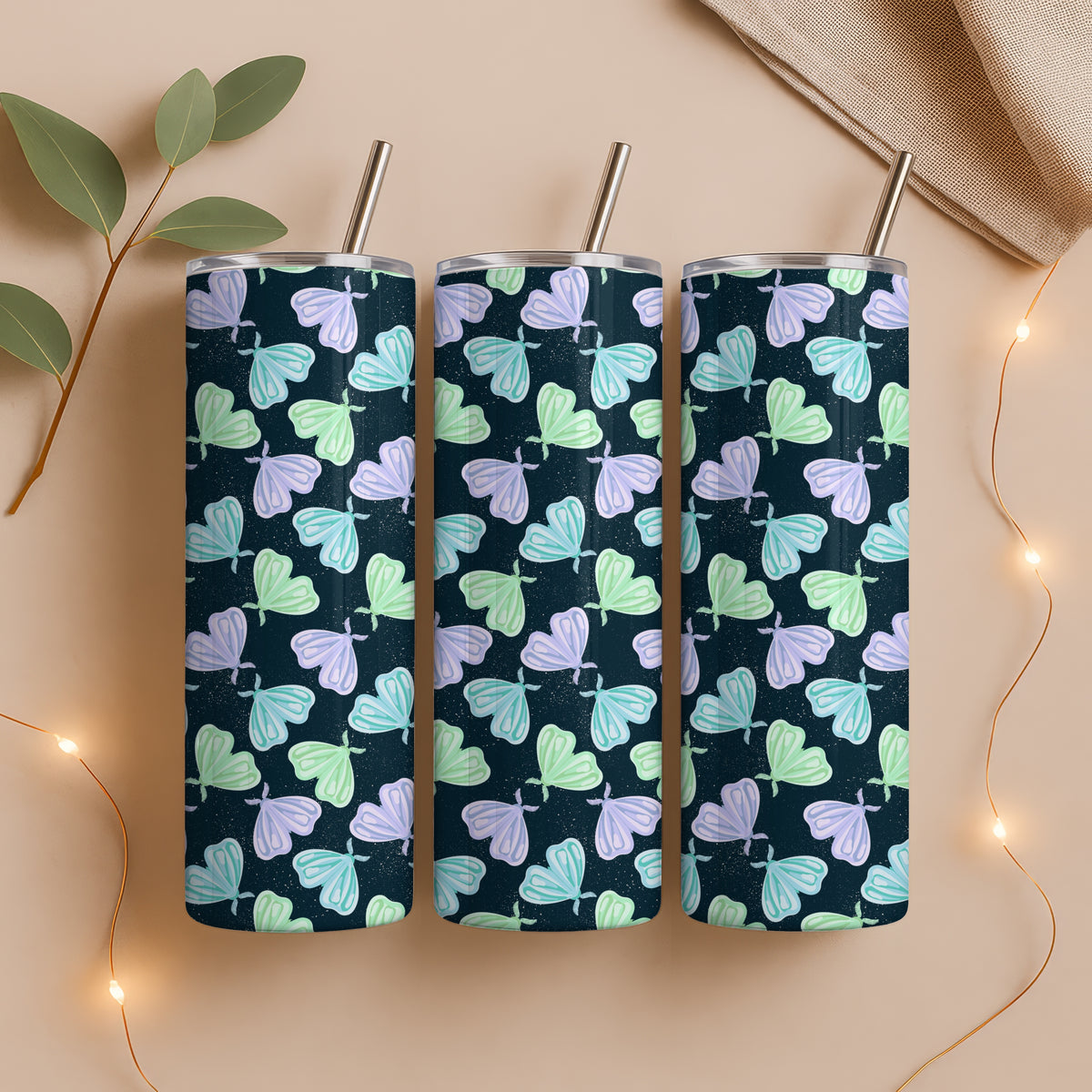 Whimsical Moths Tumbler Wrap Dark β Digital 9.25β x 8.20β PNG File