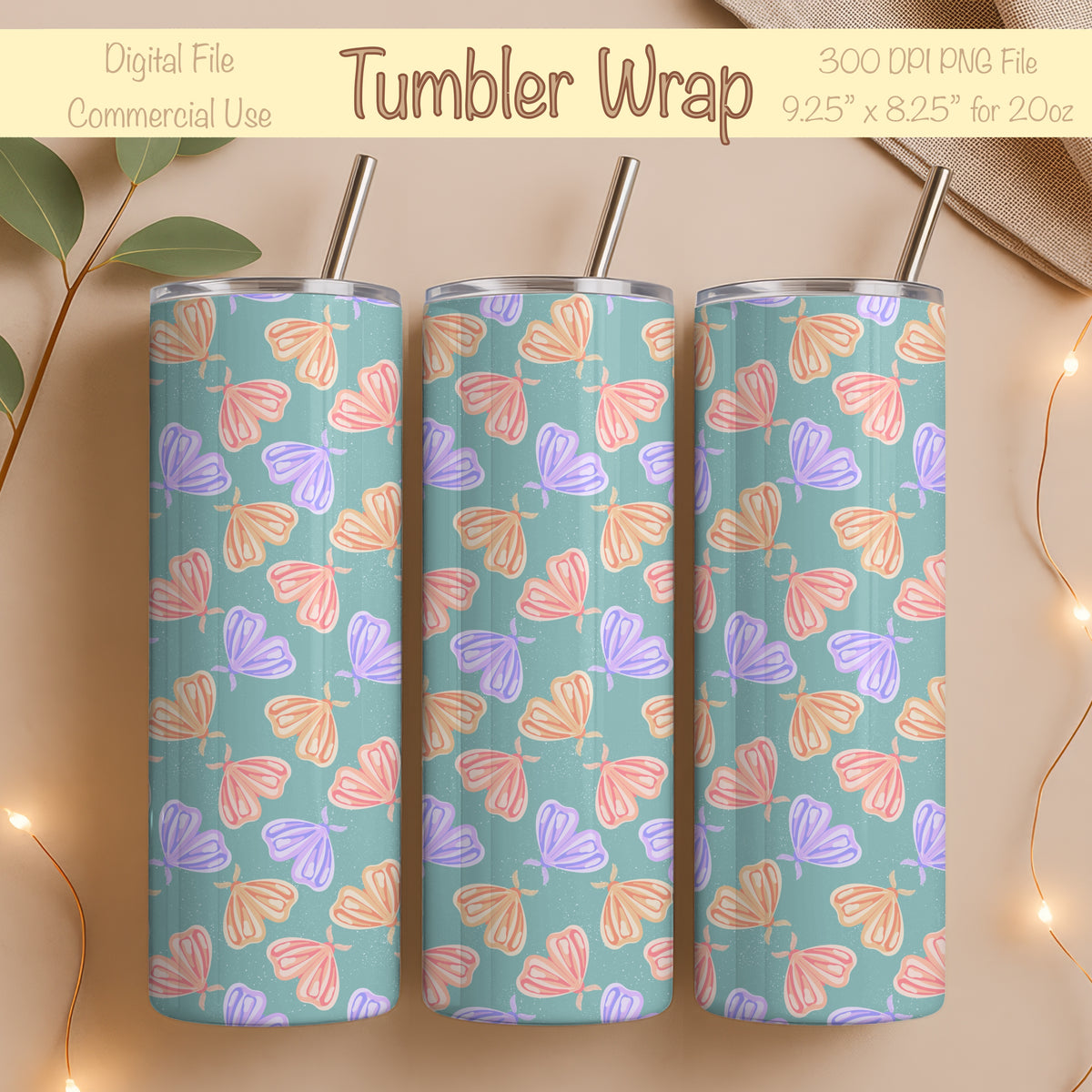Whimsical Moths Tumbler Wrap Green β Digital 9.25β x 8.20β PNG File