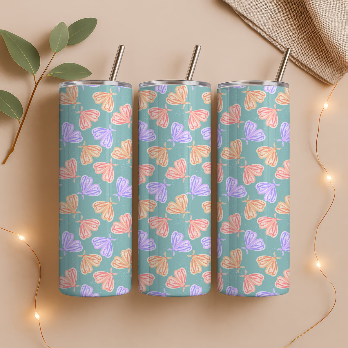 Whimsical Moths Tumbler Wrap Green β Digital 9.25β x 8.20β PNG File