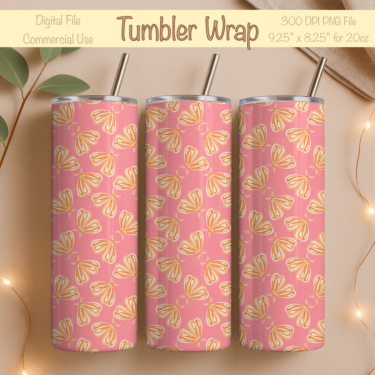 Whimsical Moths Tumbler Wrap Orangeโ Digital 9.25โ x 8.20โ PNG File