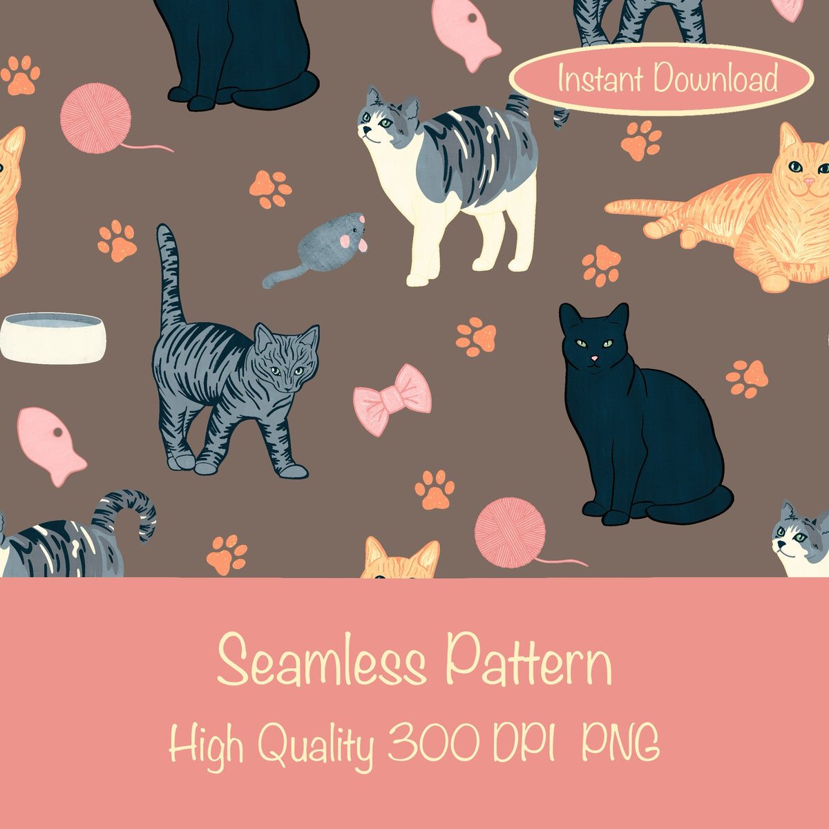 Cat Seamless Pattern Brown β Whimsical Feline Digital Design PNG | 12β x 12β 300 DPI