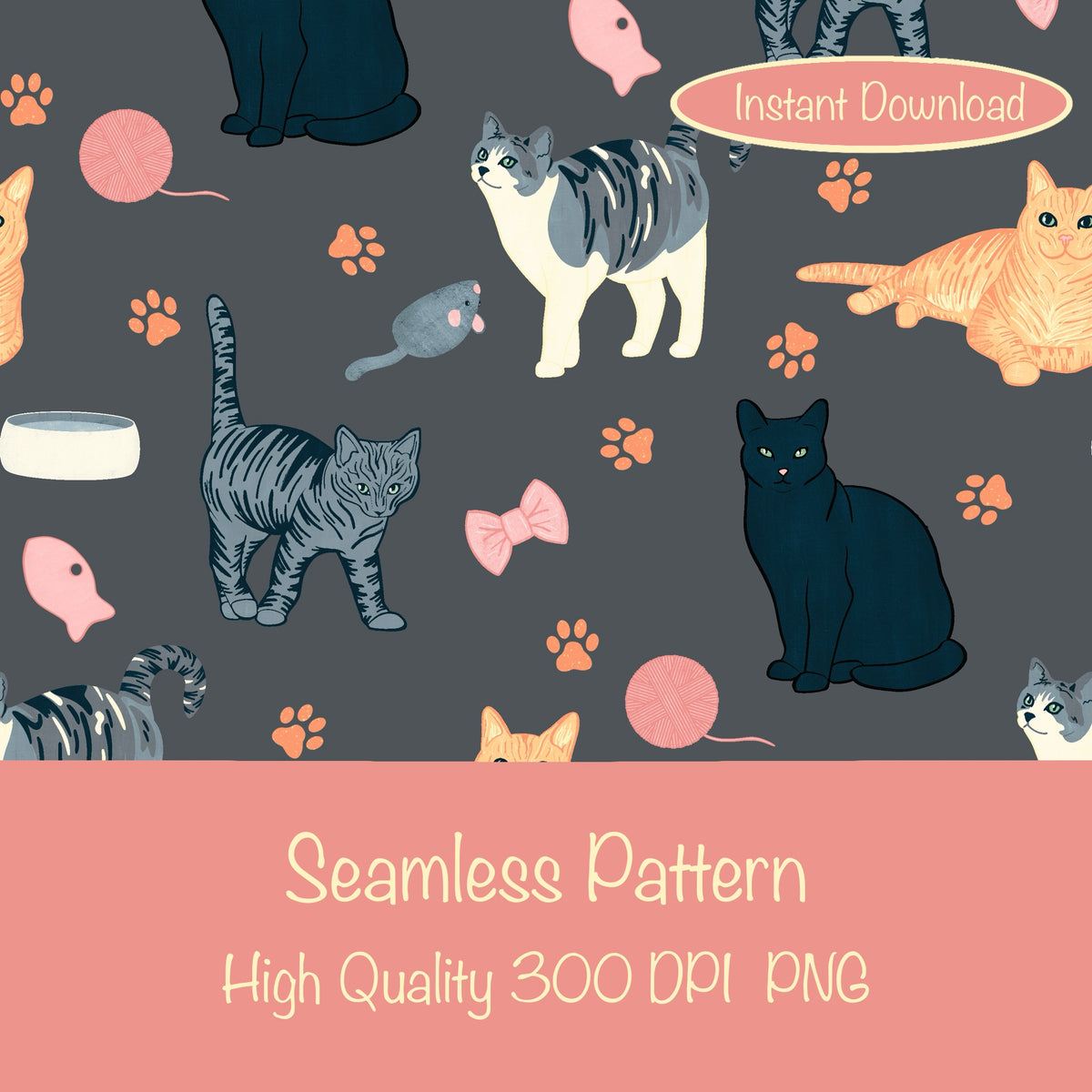 Cat Seamless Pattern Dark Grey β Whimsical Feline Digital Design PNG | 12β x 12β 300 DPI