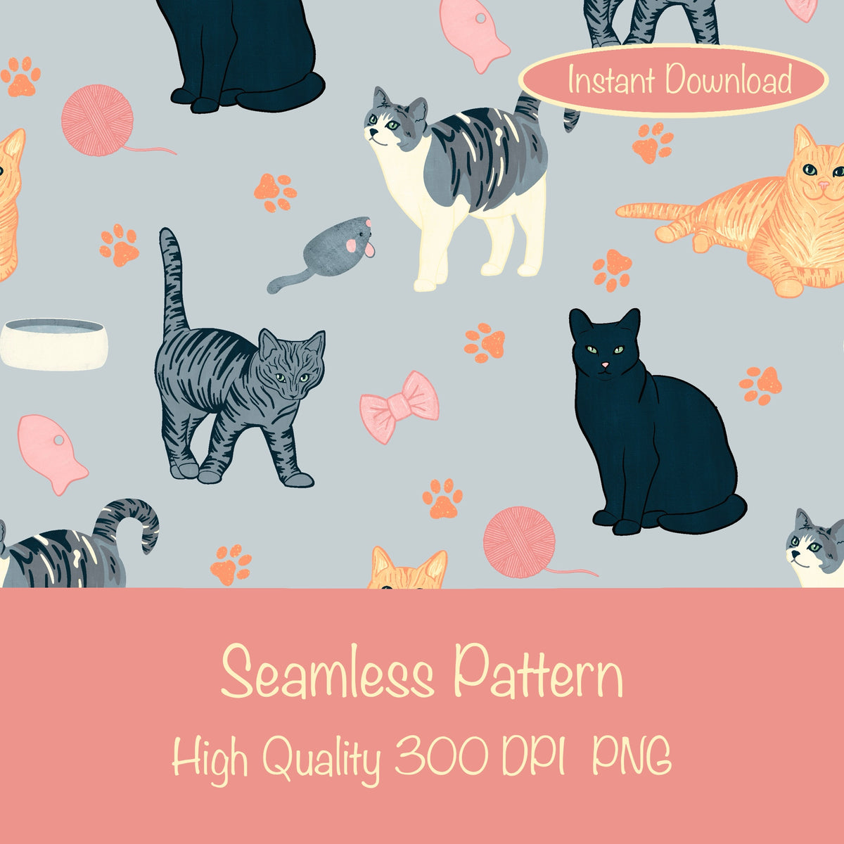 Cat Seamless Pattern Light Grey β Whimsical Feline Digital Design PNG | 12β x 12β 300 DPI