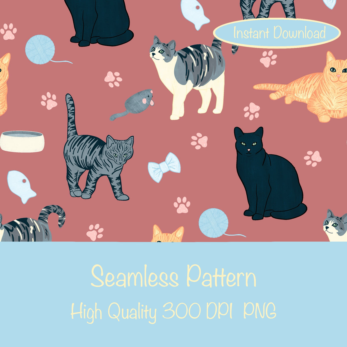Cat Seamless Pattern Mauve β Whimsical Feline Digital Design PNG | 12β x 12β 300 DPI