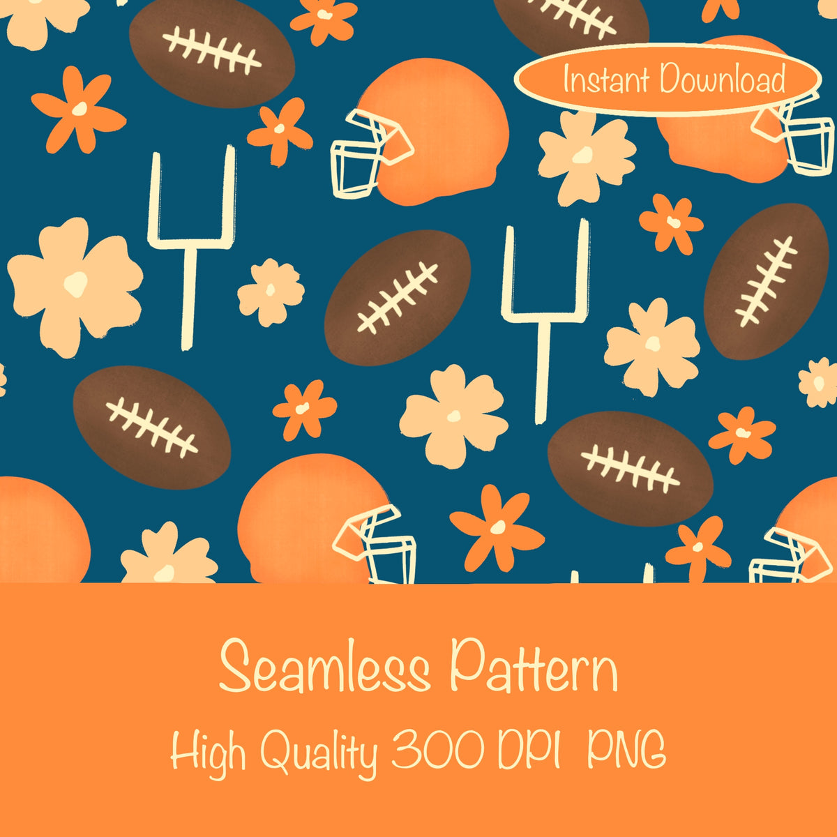 Football Seamless Pattern Blue | 12x12 PNG Digital Download | Sports Themed Background Design