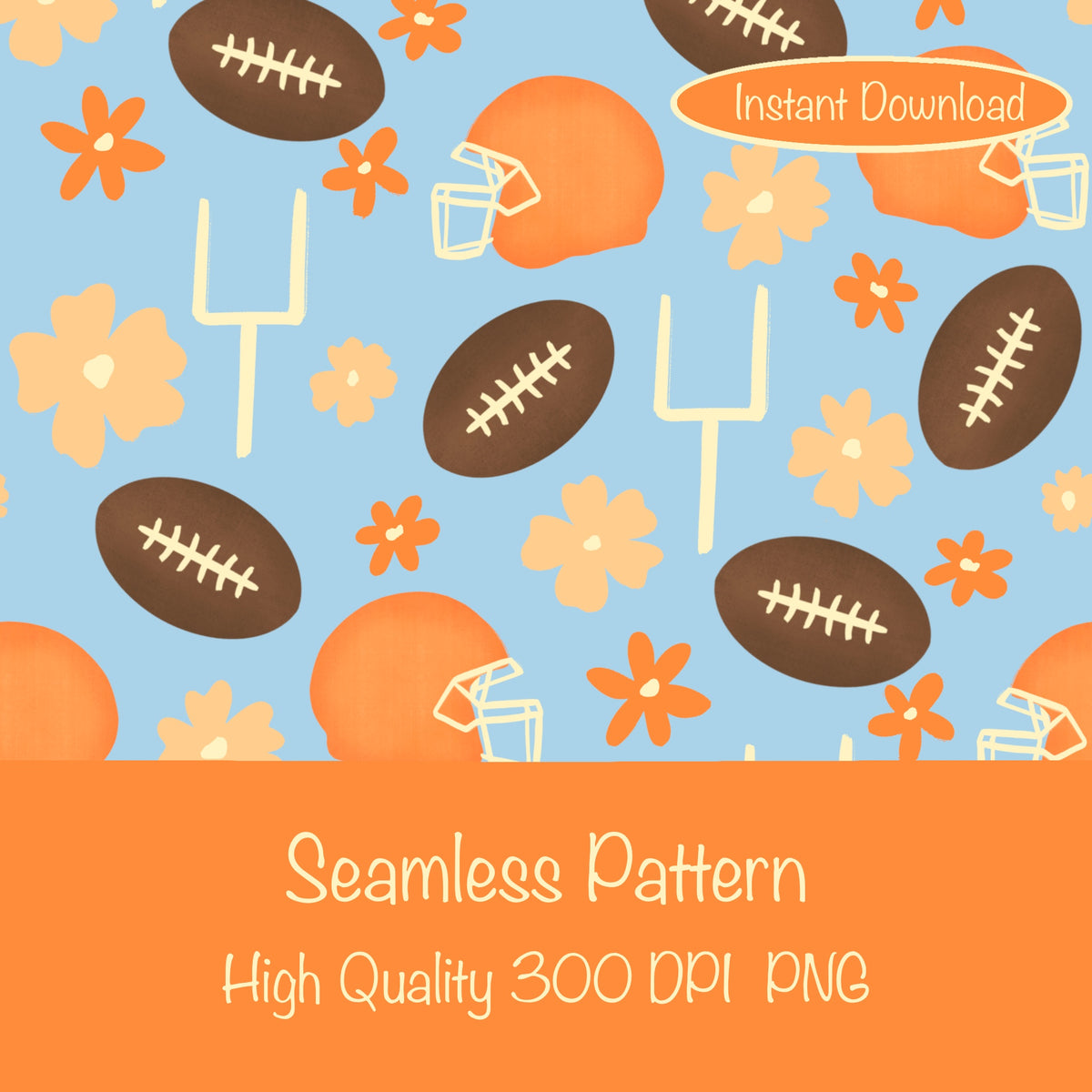 Football Seamless Pattern Light Blue | 12x12 PNG Digital Download | Sports Themed Background Design