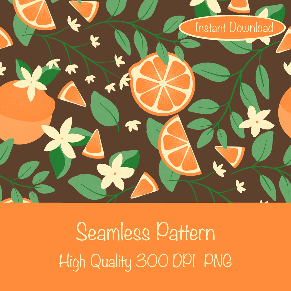 Botanical Orange Blossom Seamless Pattern Brown | 12x12 PNG Digital Download | Citrus Floral Design