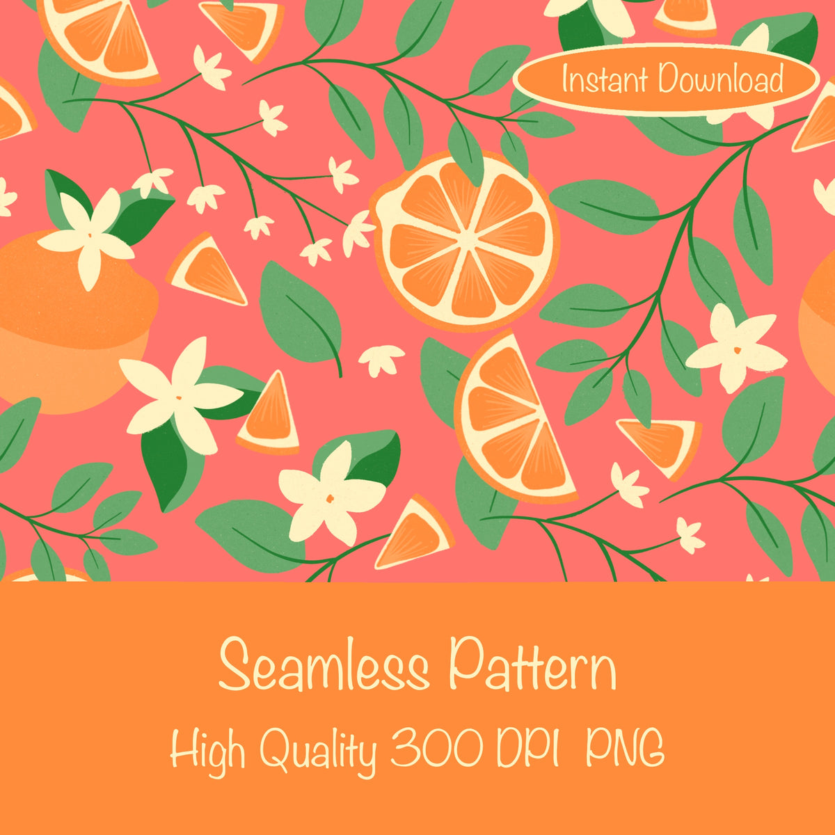 Botanical Orange Blossom Seamless Pattern Red | 12x12 PNG Digital Download | Citrus Floral Design