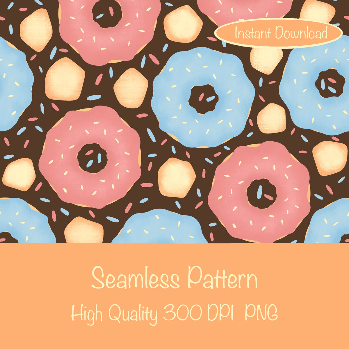 Donut Seamless Pattern Brown | Sweet Dessert Digital Background | 12x12 PNG Download
