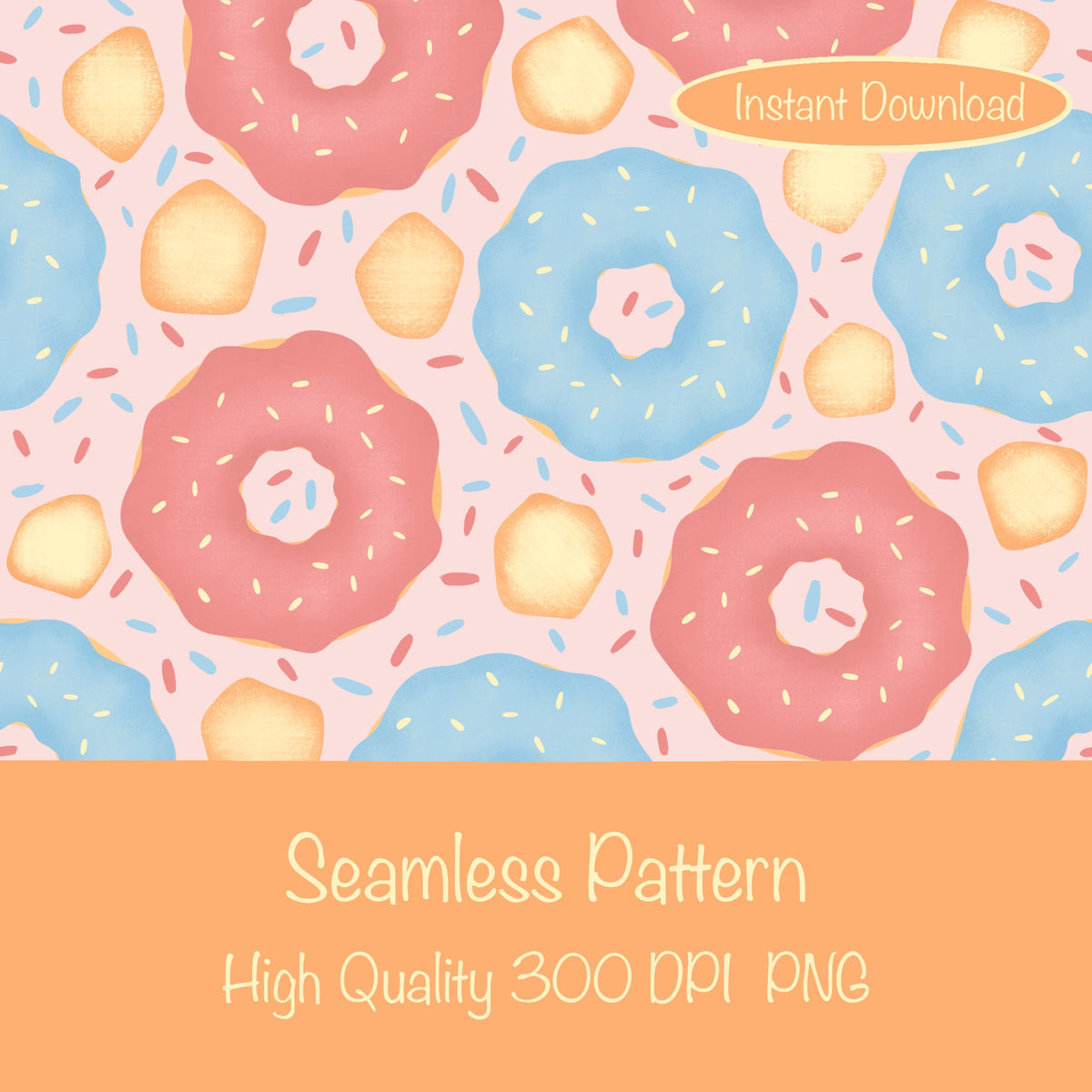 Donut Seamless Pattern Pink | Sweet Dessert Digital Background | 12x12 PNG Download