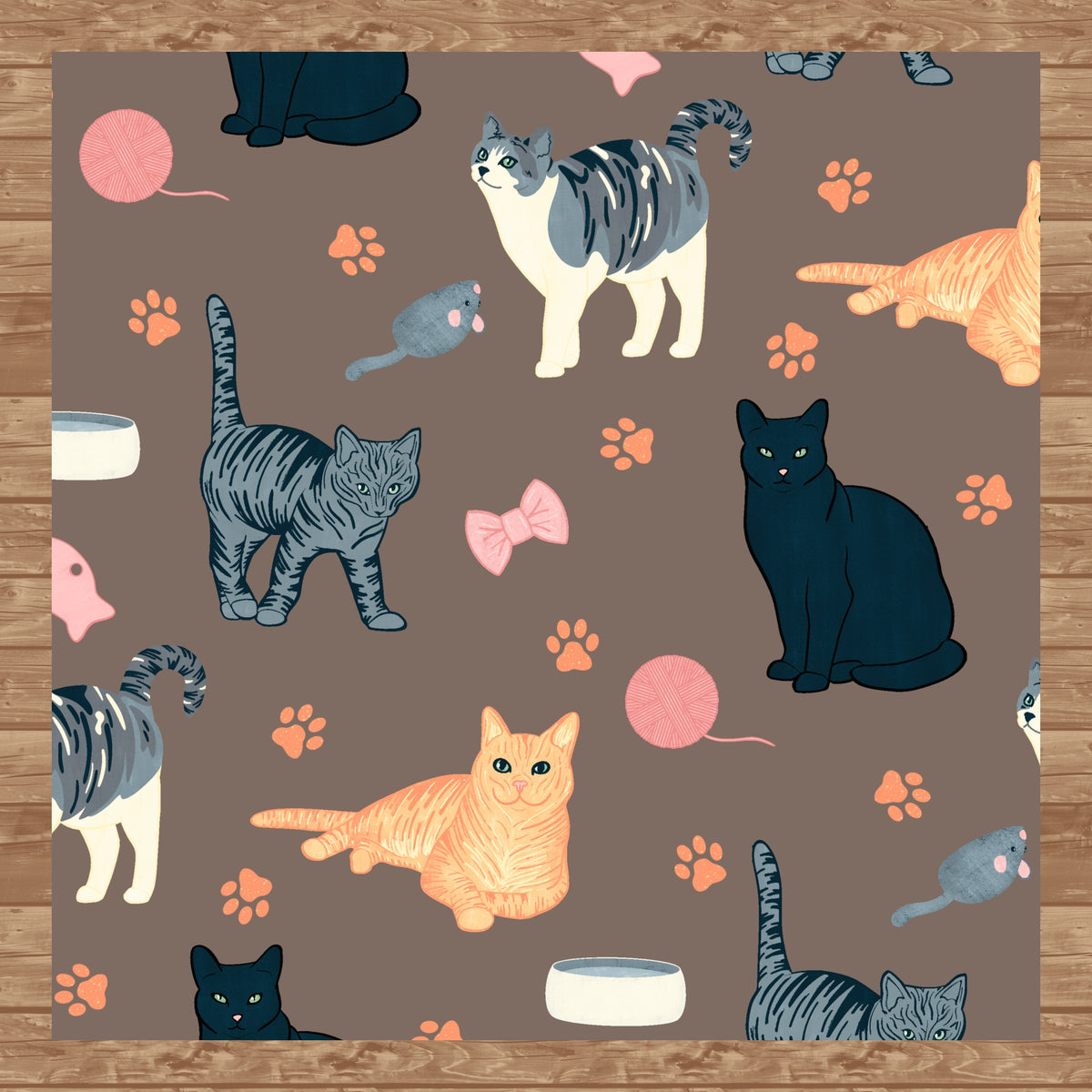 Cat Seamless Pattern Brown β Whimsical Feline Digital Design PNG | 12β x 12β 300 DPI