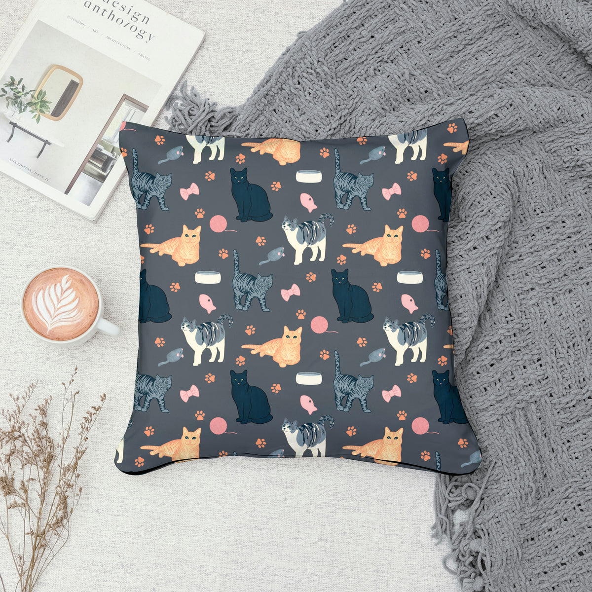 Cat Seamless Pattern Dark Grey β Whimsical Feline Digital Design PNG | 12β x 12β 300 DPI