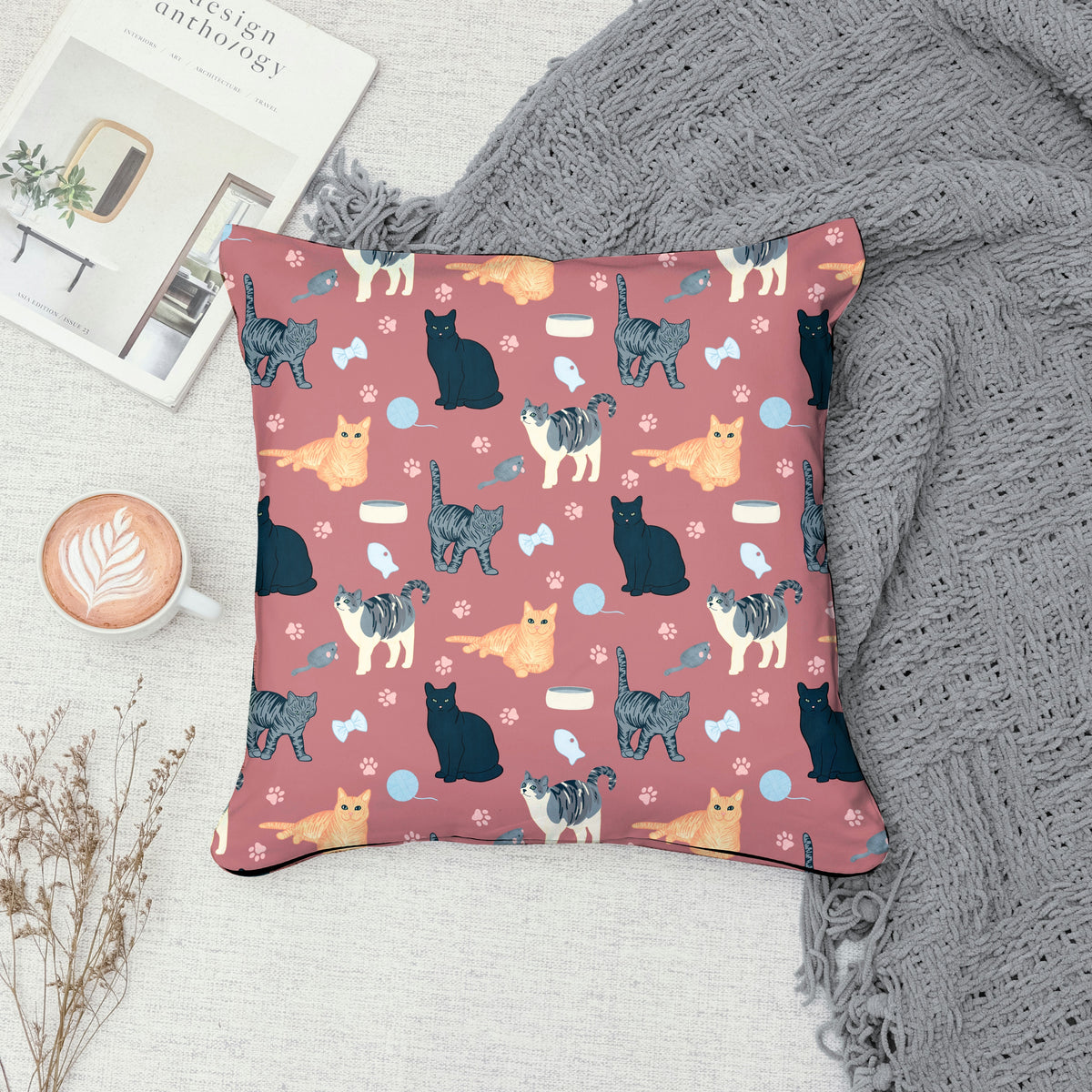 Cat Seamless Pattern Mauve β Whimsical Feline Digital Design PNG | 12β x 12β 300 DPI