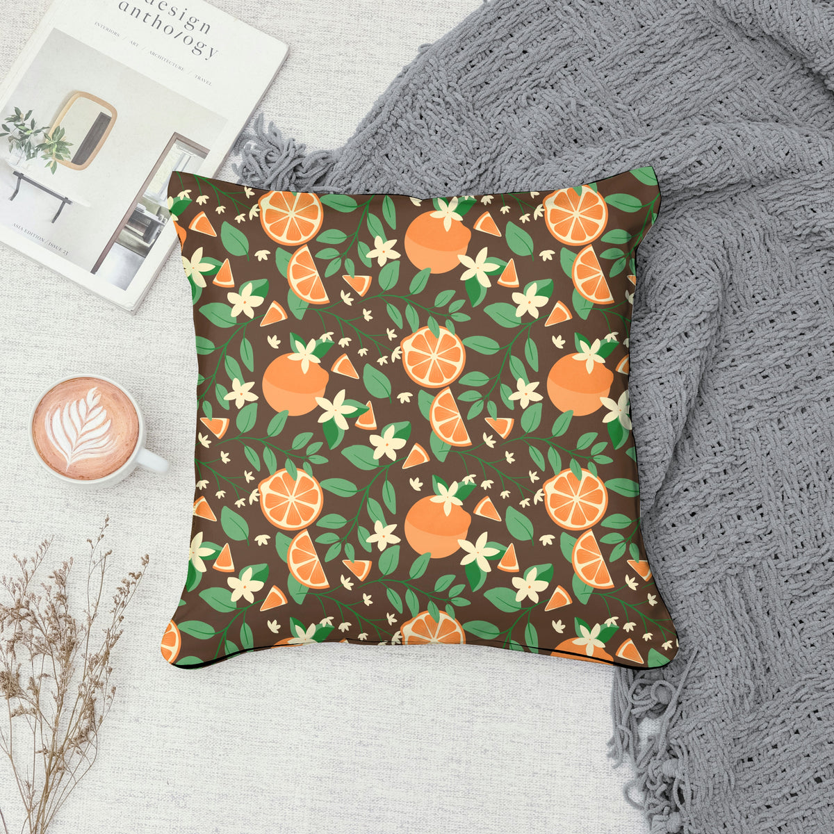 Botanical Orange Blossom Seamless Pattern Brown | 12x12 PNG Digital Download | Citrus Floral Design
