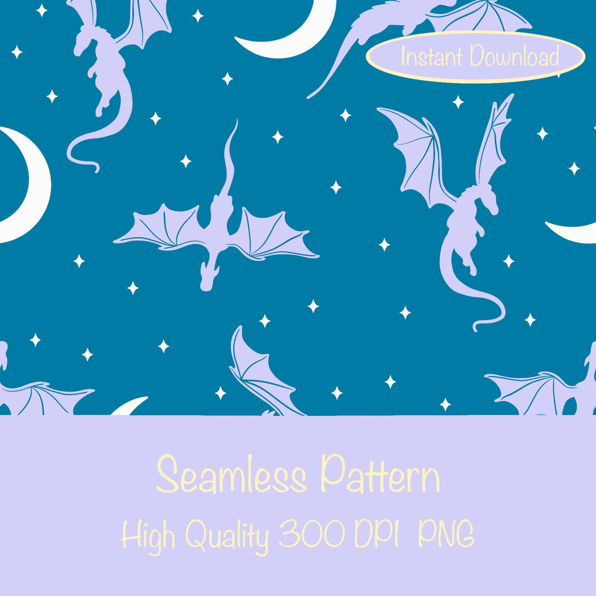 Fantasy Dragon Seamless Pattern Blue | Moons & Stars Digital Design | 12x12 PNG Download
