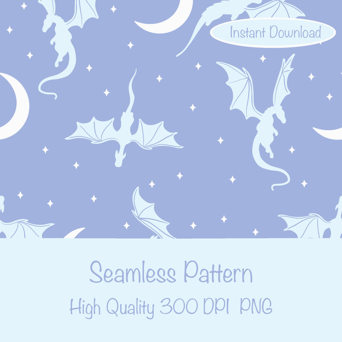 Fantasy Dragon Seamless Pattern | Moons & Stars Digital Design | 12x12 PNG Download