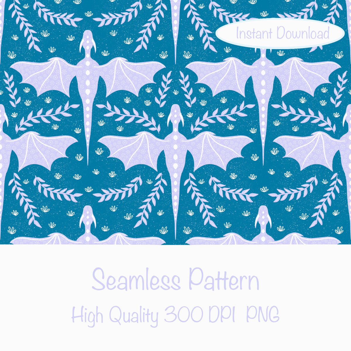 Dreamy Fantasy Dragon & Botanical Seamless Pattern Blue | Digital 12x12 PNG
