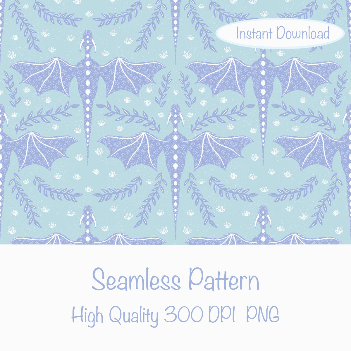 Dreamy Fantasy Dragon & Botanical Seamless Pattern Light Blue | Digital 12x12 PNG