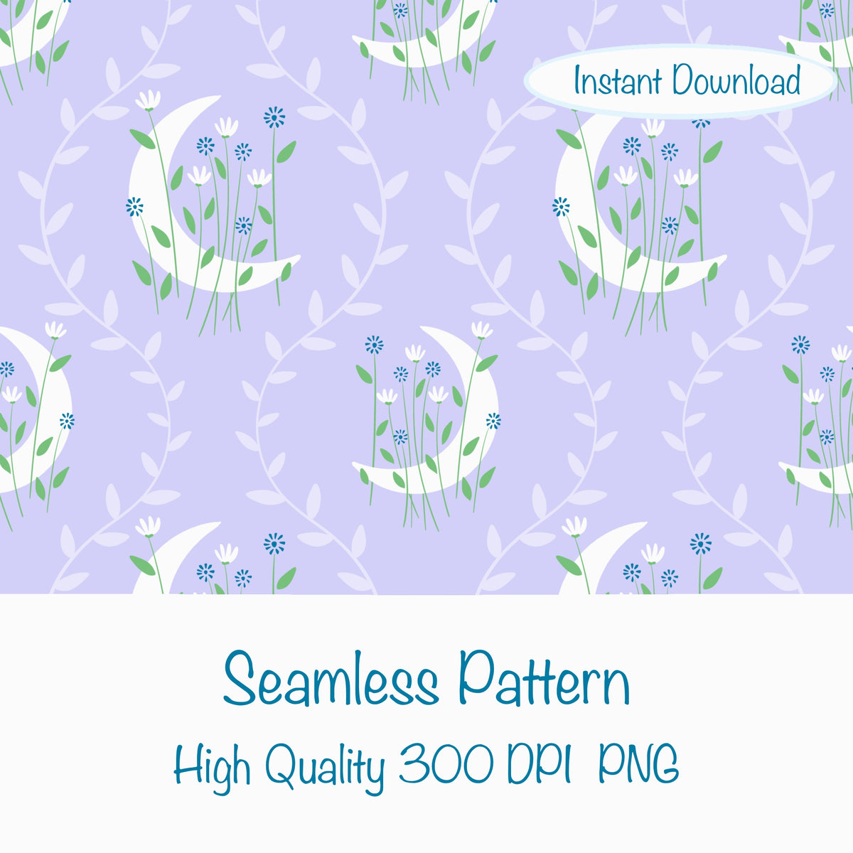 Moon & Botanical Seamless Pattern Light Purple | Celestial Floral Digital Download | 12x12 PNG