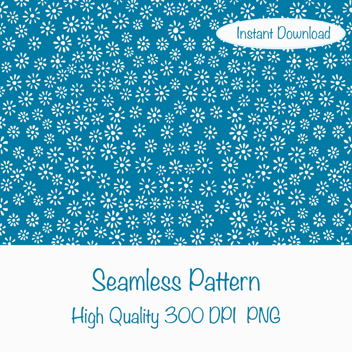 Cute Drawn Daisy Seamless Pattern Blue | Floral Digital Download | 12x12 PNG