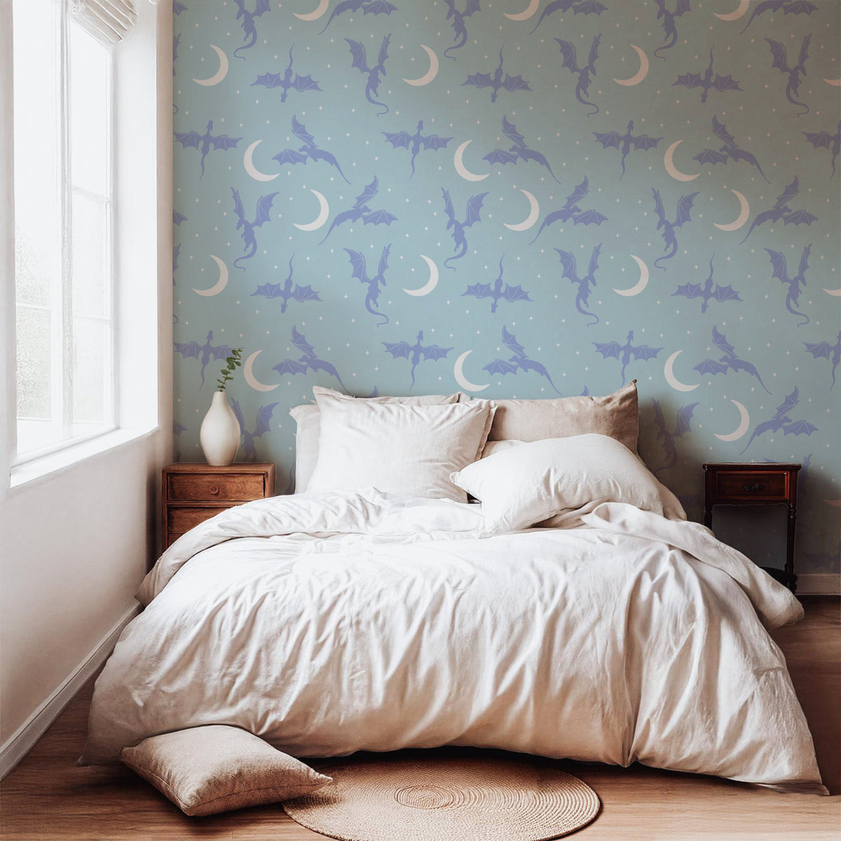 Fantasy Dragon Seamless Pattern Light Blue | Moons & Stars Digital Design | 12x12 PNG Download
