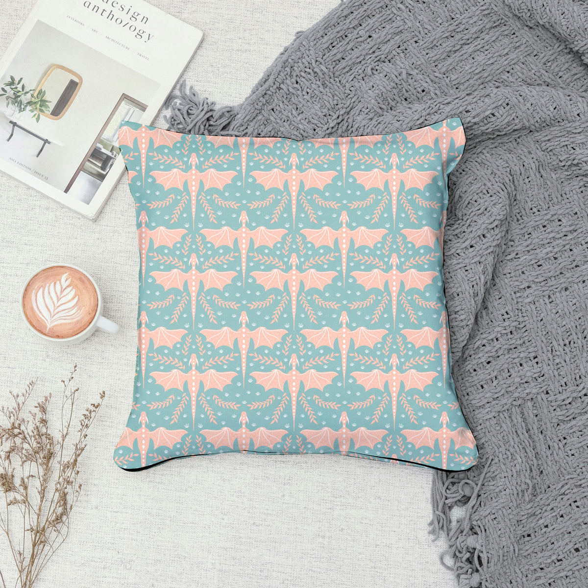 Dreamy Fantasy Dragon & Botanical Seamless Pattern Green | Digital 12x12 PNG
