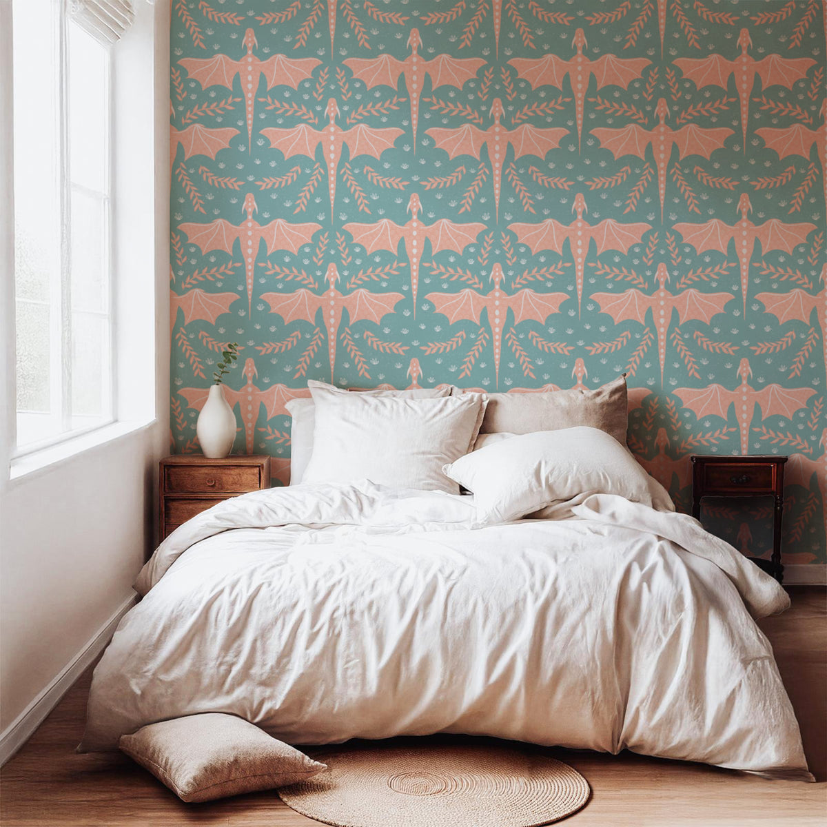 Dreamy Fantasy Dragon & Botanical Seamless Pattern Green | Digital 12x12 PNG