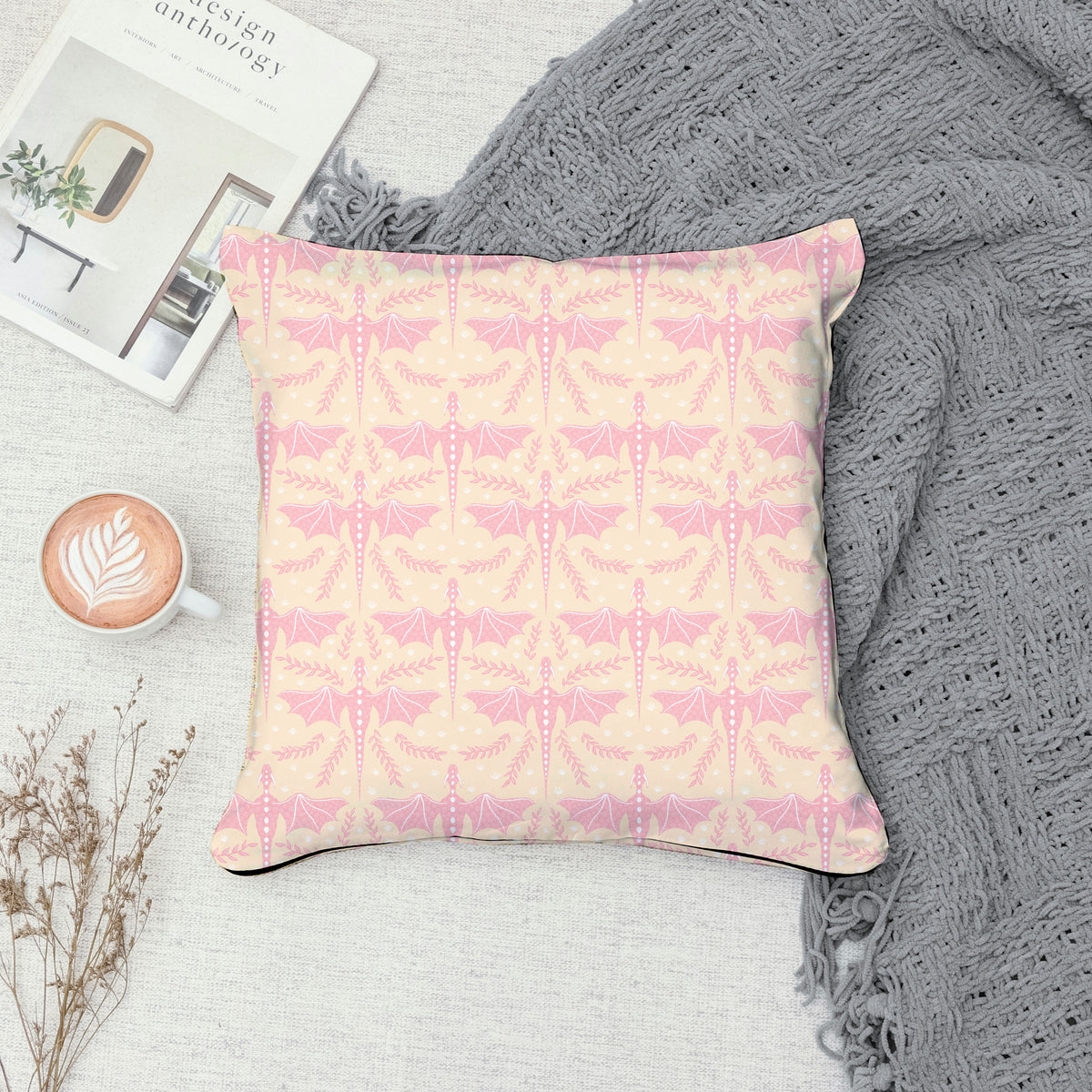 Dreamy Fantasy Dragon & Botanical Seamless Pattern Orange | Digital 12x12 PNG
