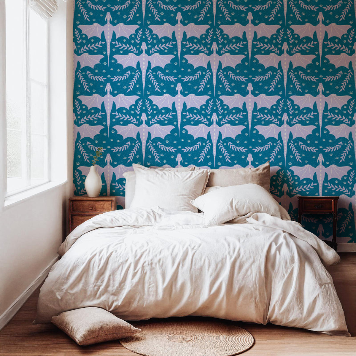 Dreamy Fantasy Dragon & Botanical Seamless Pattern Blue | Digital 12x12 PNG