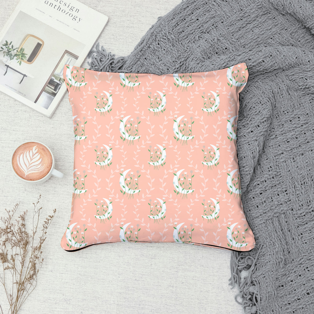 Moon & Botanical Seamless Pattern Orange | Celestial Floral Digital Download | 12x12 PNG