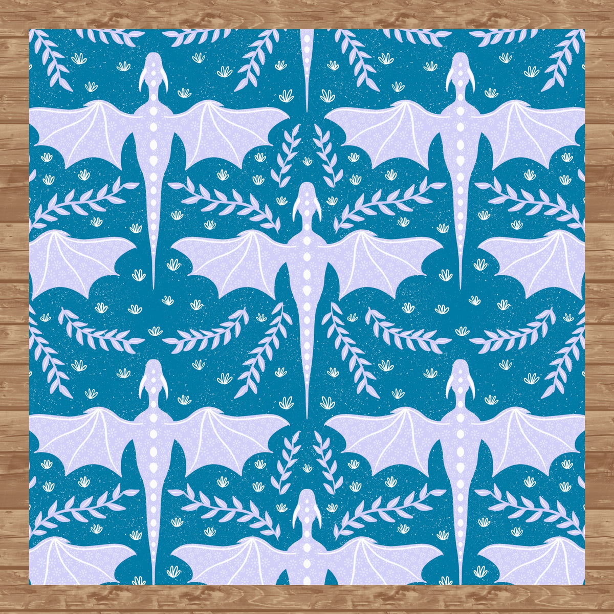 Dreamy Fantasy Dragon & Botanical Seamless Pattern Blue | Digital 12x12 PNG