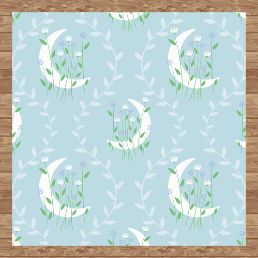 Moon & Botanical Seamless Pattern Blue | Celestial Floral Digital Download | 12x12 PNG