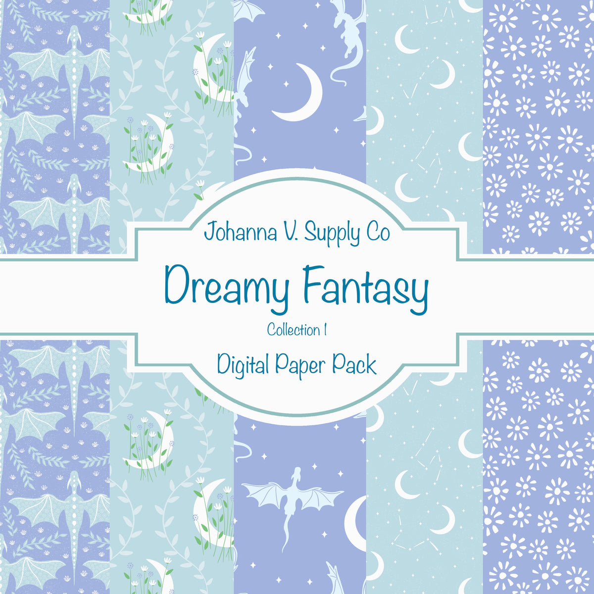 Dragons, Moons & Botanicals Digital Paper Pack | Fantasy Seamless Backgrounds | 12x12 PNG | Collection 1 | Personal & Commercial Use