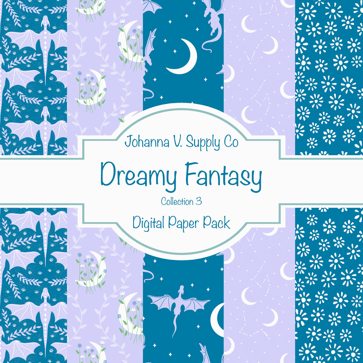 Dragons, Moons & Botanicals Digital Paper Pack | Fantasy Seamless Backgrounds | 12x12 PNG | Collection 3 | Personal & Commercial Use