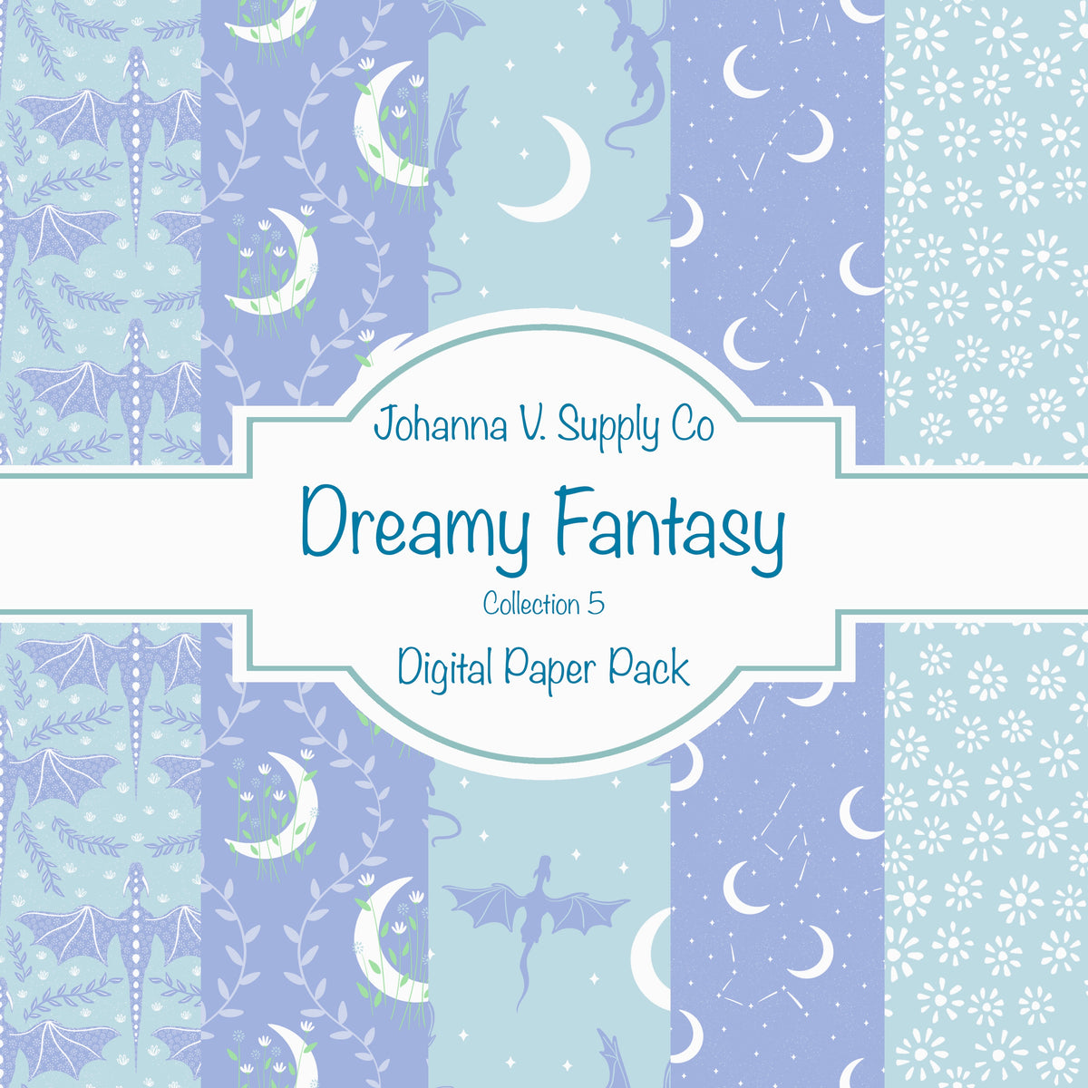 Dragons, Moons & Botanicals Digital Paper Pack | Fantasy Seamless Backgrounds | 12x12 PNG | Collection 5 | Commercial & Personal Use