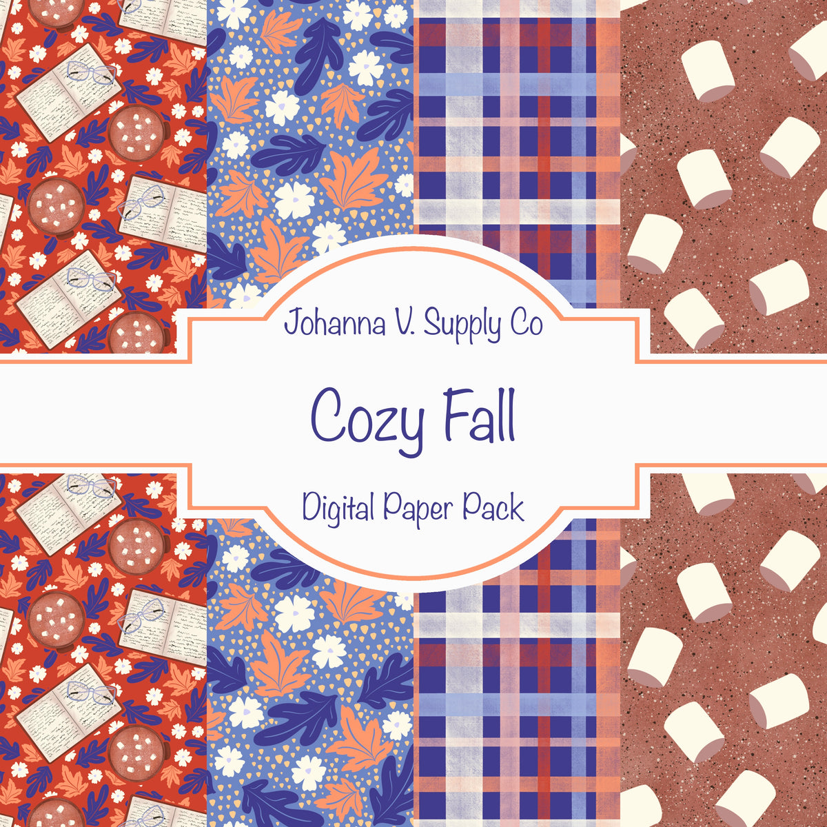 Fall Digital Paper Pack | Hot Cocoa, Books, Plaid & Botanicals | Cozy Autumn Scrapbook Backgrounds | Commercial & Personal Use