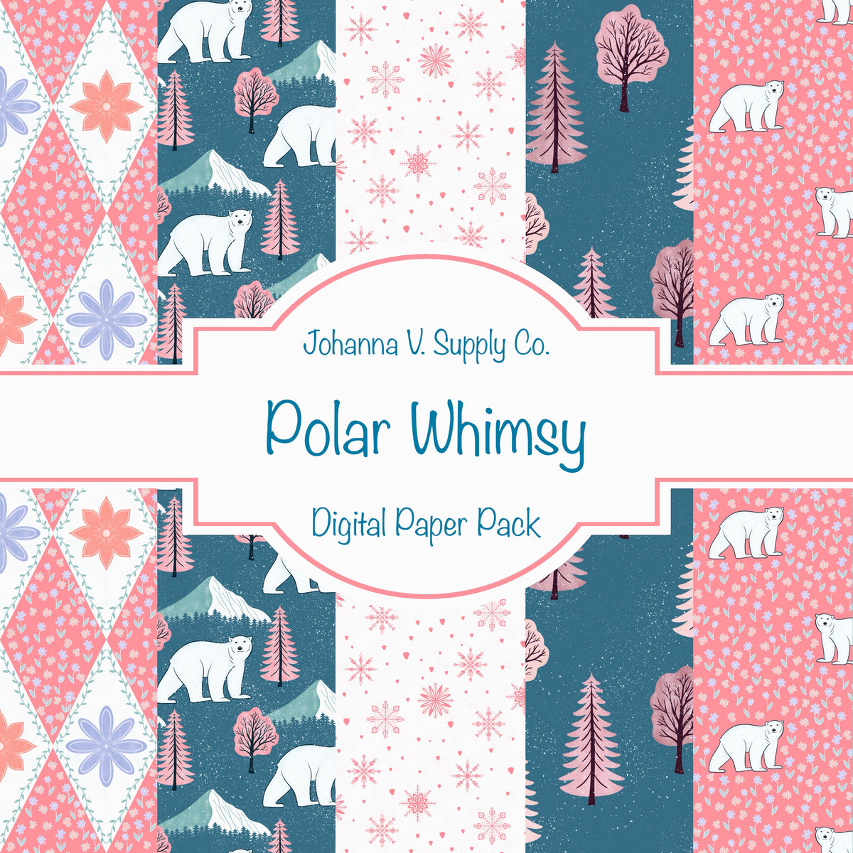 Whimsical Winter Seamless Pattern Bundle Pink | Polar Bears, Mountains, Trees & Florals | Cozy Winter Designs | Commercial & Personal