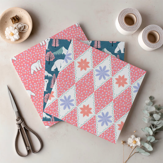 Whimsical Winter Seamless Pattern Bundle Pink | Polar Bears, Mountains, Trees & Florals | Cozy Winter Designs | Commercial & Personal